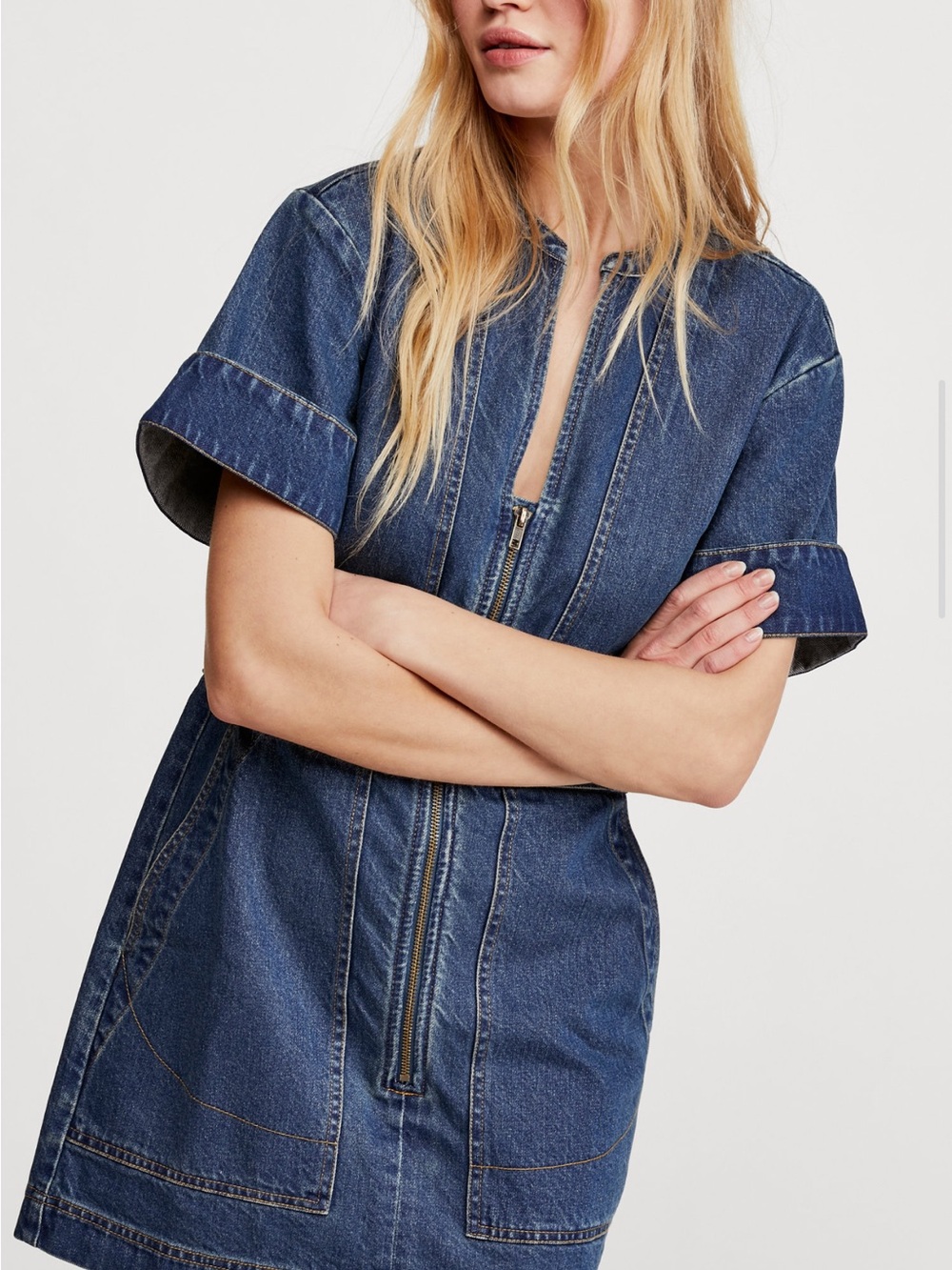 Free People Dream On Indigo Denim Zip-Front Mini Dress Size XS